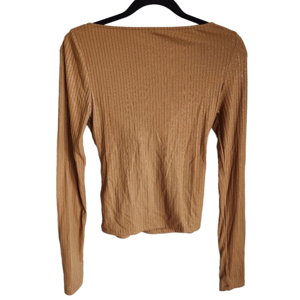 Anthropologie Shirt Small Moss Brown Twist-Front Shimmer Top V Neck Long Sleeve - Picture 6 of 7